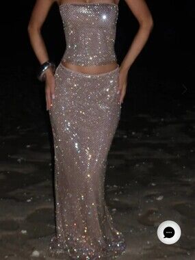 Hali Babyboo Skirt Crystal Mesh Maxi Dress - Gold